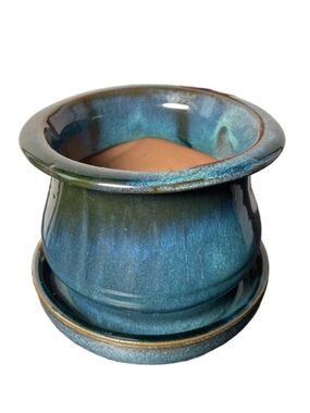 Bohemian Blue & Green Glazed Ceramic Planter with Attached Saucer - Small Plants